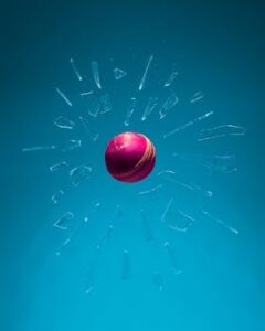 Dynamic shot of a red cricket ball breaking through glass against a teal backdrop.